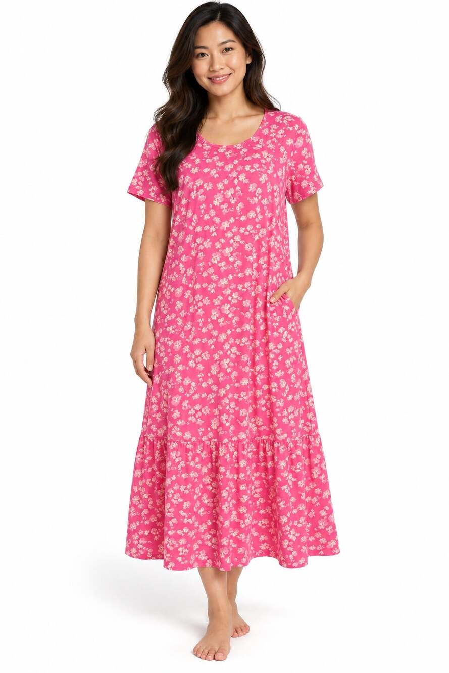 Petite Sm 100% Cotton Classic Pink Floral nightgown Short Sl Tiered Ruffle Hem